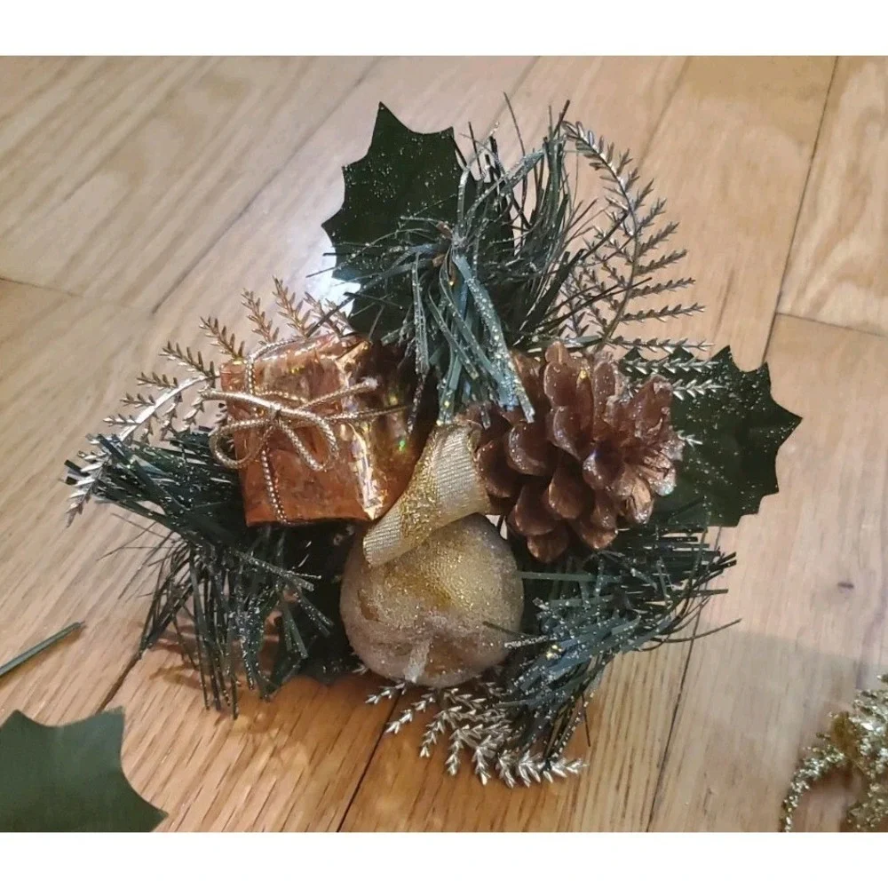 Artificial Pine Stem Fake Pine Cone Glitter Fruit Apple Gold Present Floral Pick